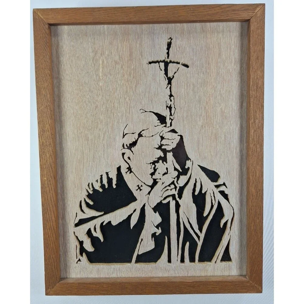 Vintage Pope John Paul II Wood Scroll Saw Art Framed Religious Catholic Picture